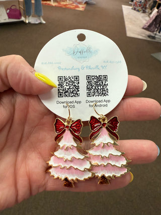 Pink Christmas Tree with Red Bow Earrings