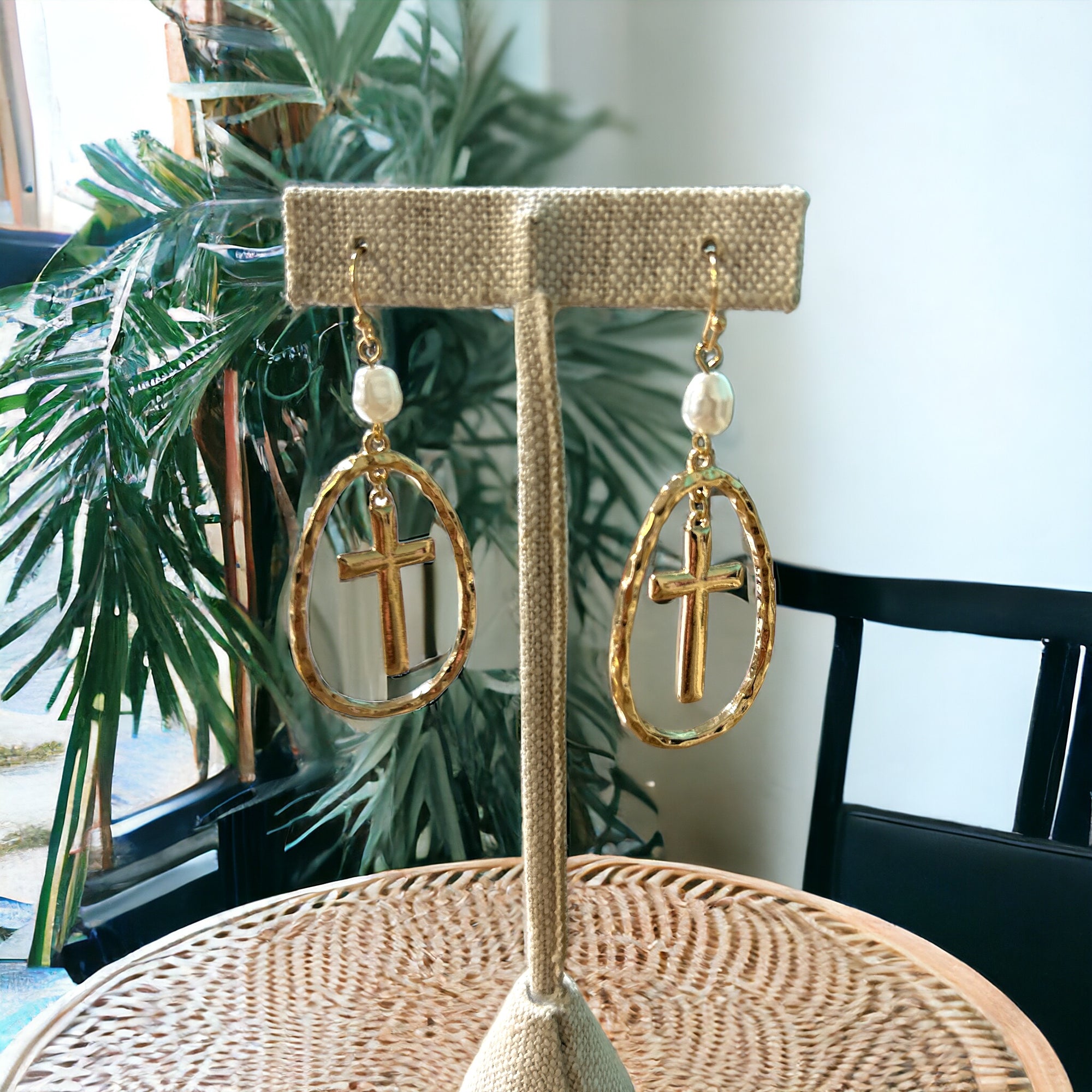 Gold Cross w/ Pearl French Wire Earrings