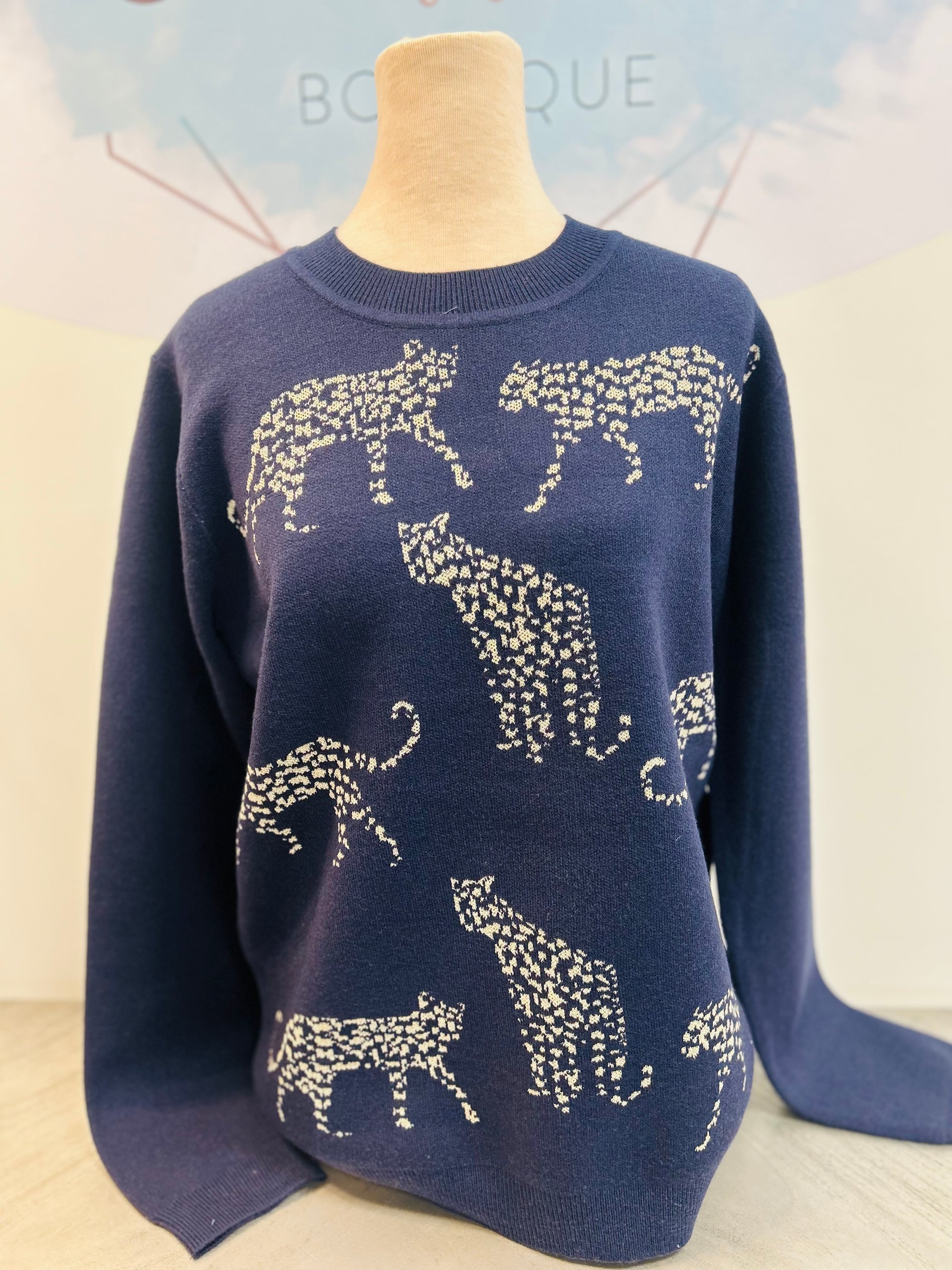 Cheetah Jacquard Crew Neck Sweater