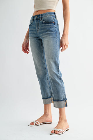 Mica Denim Mid Rise Straight Leg Cuff Crop Jeans