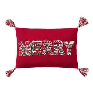 Merry Embroidered Pillow W/Tassels