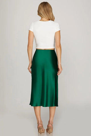 Emerald Hour Satin Midi Skirt