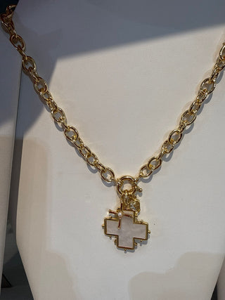Gold Textured Chain Necklace w/ Pearlized Cross & Crystal Charms