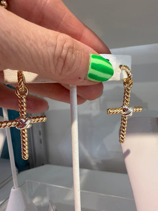 Gold Twist Cross Earring with Silver Accent