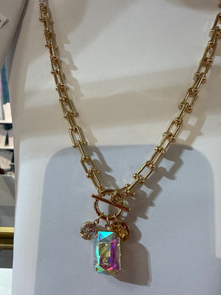 Gold Chain w/ Clear Crystal Charm Necklace