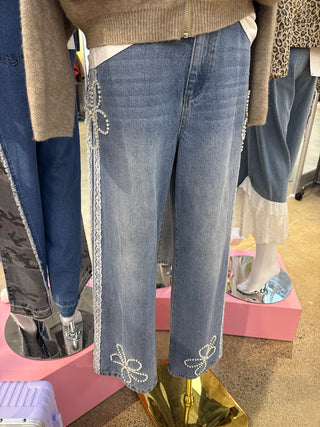 Pearl & Lace Trim Wide Leg Jeans