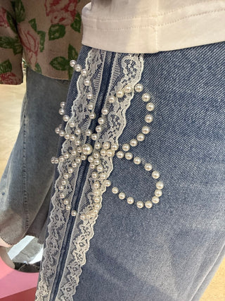 Pearl & Lace Trim Wide Leg Jeans