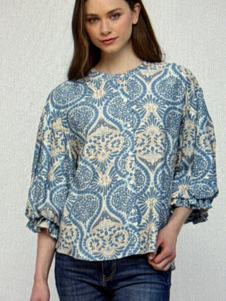 Blue Damask Print Balloon Sleeve Top