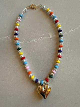 Multi Bead & Pearl Necklace With Gold Puffy Heart