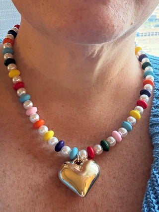 Multi Bead & Pearl Necklace With Gold Puffy Heart