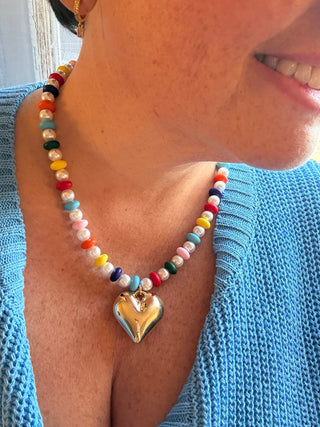 Multi Bead & Pearl Necklace With Gold Puffy Heart