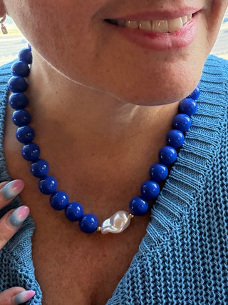 Blue Beaded Necklace With Pearl