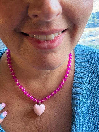 Hot Pink Beaded Necklace With Light Pink Heart Charm