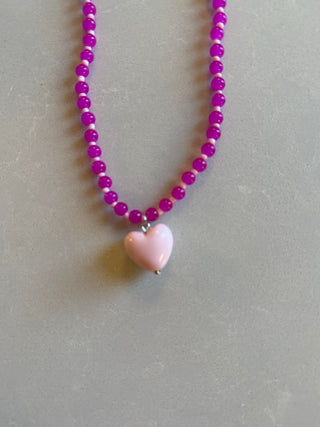 Hot Pink Beaded Necklace With Light Pink Heart Charm