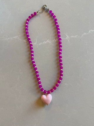 Hot Pink Beaded Necklace With Light Pink Heart Charm