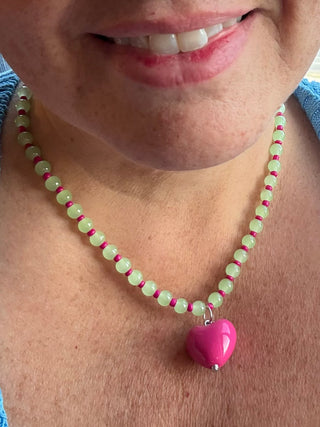 Light Green Beaded Necklace With Magenta Heart Charm