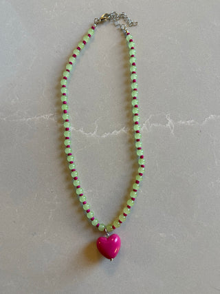 Light Green Beaded Necklace With Magenta Heart Charm