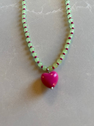 Light Green Beaded Necklace With Magenta Heart Charm