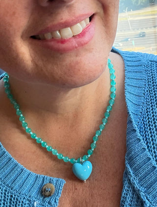 Aqua Beaded Necklace With Turquoise Heart Charm