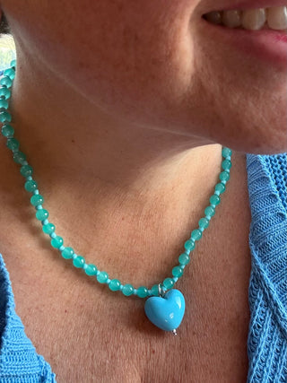 Aqua Beaded Necklace With Turquoise Heart Charm