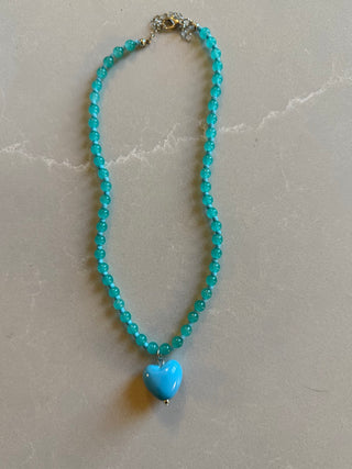 Aqua Beaded Necklace With Turquoise Heart Charm
