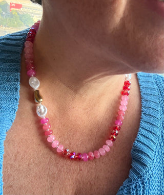 Multi Pink Beaded Necklace With Gold & Pearls