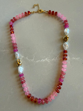 Multi Pink Beaded Necklace With Gold & Pearls
