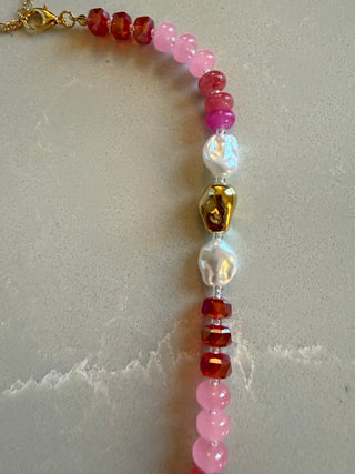 Multi Pink Beaded Necklace With Gold & Pearls