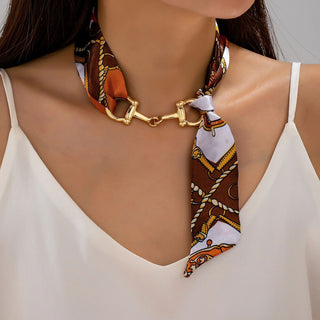 Multi Print Horsebit Buckle Scarf Choker Necklace