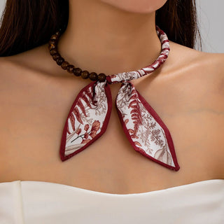 Brown Scarf & Beaded Strand Collar Choker Necklace
