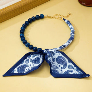 Navy Paisley Scarf & Beaded Strand Collar Choker Necklace