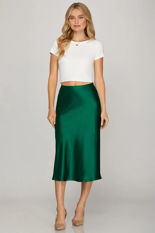 Emerald Hour Satin Midi Skirt