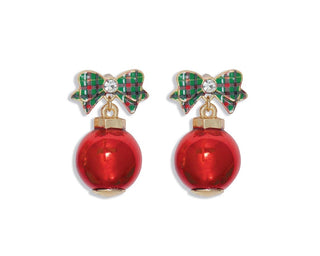 Plaid Bow W Red Ball Earrings