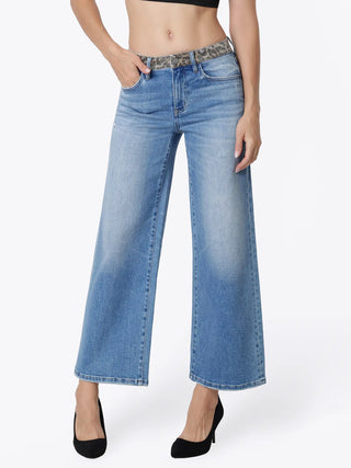 High Rise Crop Wide Leopard Contrast Jeans
