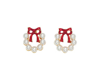 Pearl Wreath W Red Bow Earrings