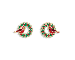 Enamel Cardinals On Wreath Earrings