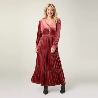 Castielle Velour Cinched Waist Maxi Dress-Salmon Orange