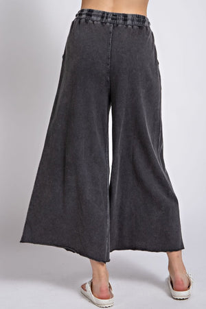 Black Washed Terry Knit Wide Leg Pant