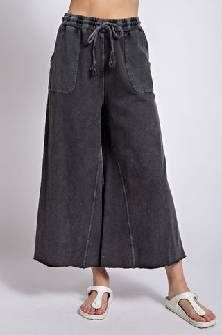 Black Washed Terry Knit Wide Leg Pant