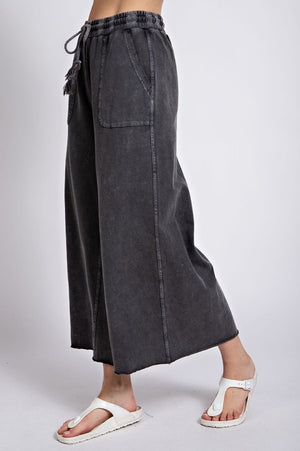 Black Washed Terry Knit Wide Leg Pant