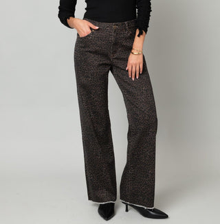 Cheetah Wide Leg Fray Hem Jean