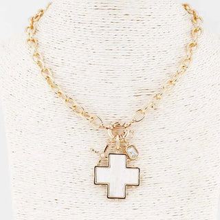 Gold Textured Chain Necklace w/ Pearlized Cross & Crystal Charms