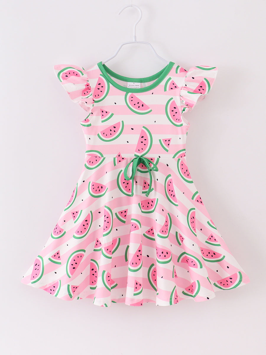 Girls Pink Stripe Watermelon Ruffle Dress