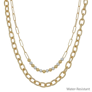 Water Resistant Gold and Silver Beaded with Gold Chain Layered 16"-18" Necklace