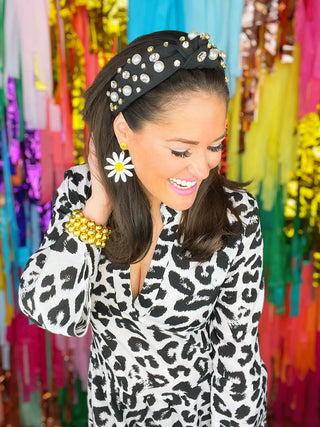 BLACK TWILL HEADBAND WITH LARGE PEARLS AND CRYSTALS