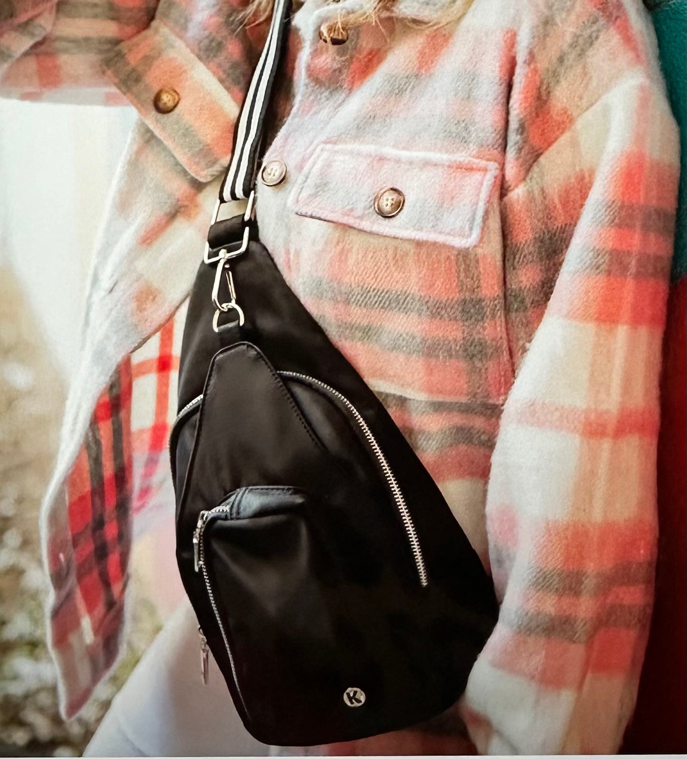 Solid Sling Bag With Striped Strap