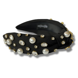 BLACK TWILL HEADBAND WITH LARGE PEARLS AND CRYSTALS