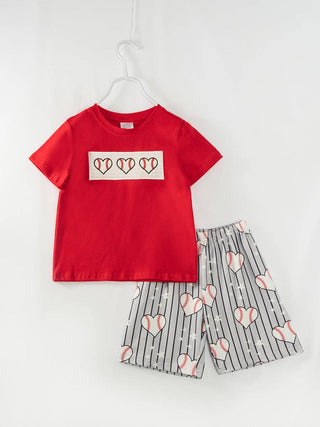 Boys Red Navy Stripe Baseball Heart Short Sest