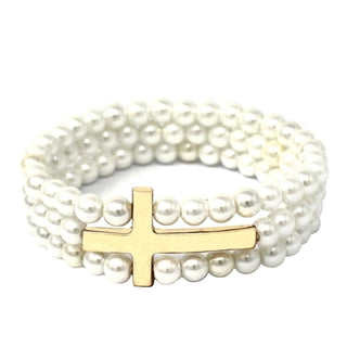 Pearl & Gold Three Row Cross Stretch Bracelet