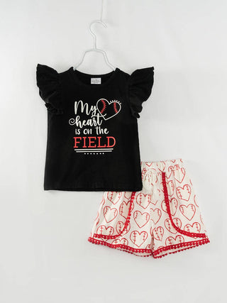 Girls Baseball Heart Ruffle Short Set